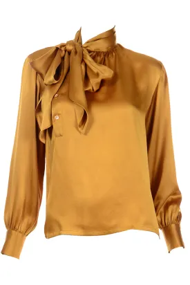 1980s Yves Saint Laurent Gold Silk Charmeuse Blouse With Sash Bow