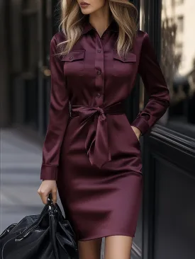 Burgundy Satin Button-Up Dress with Tie Waist