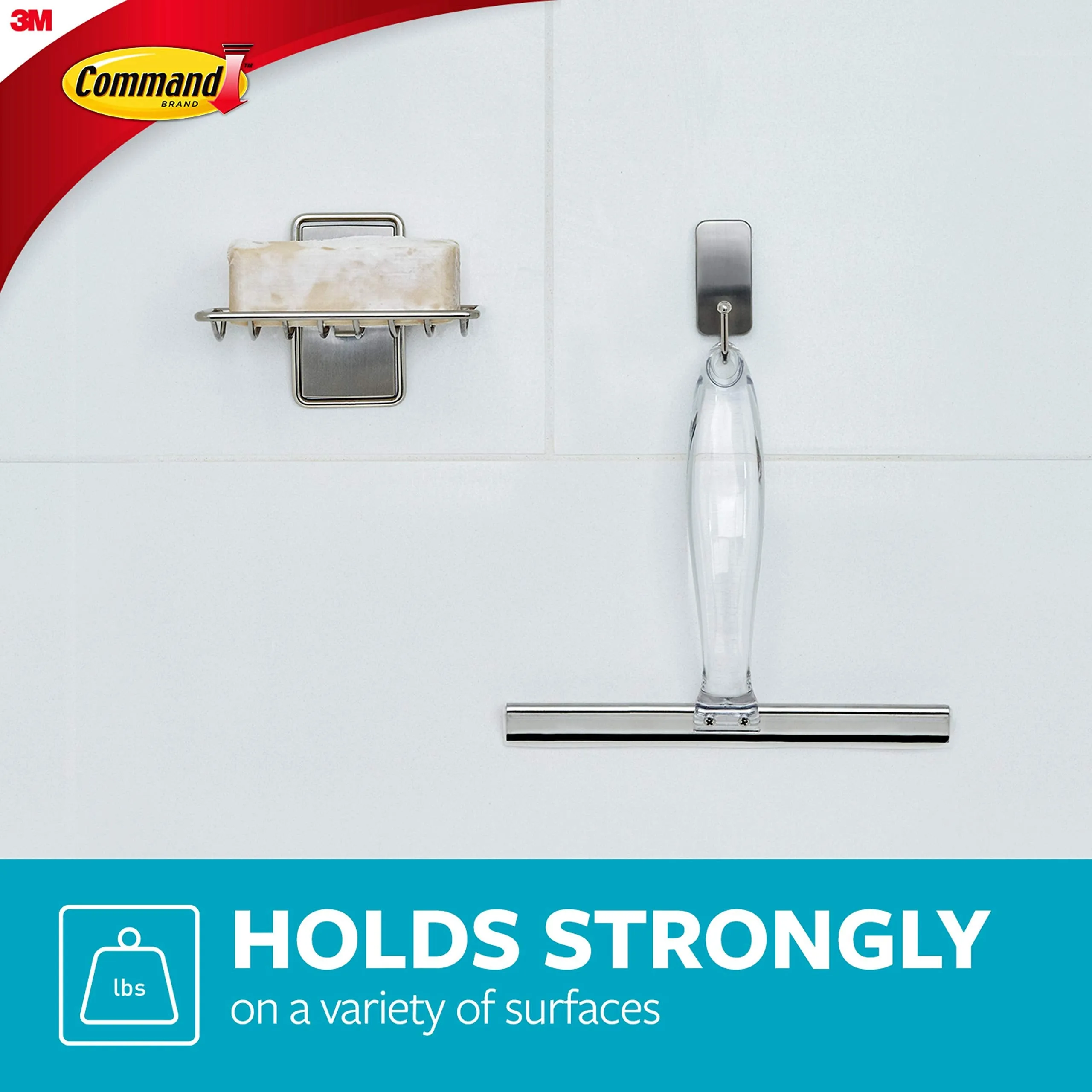 Command Bath Shower Small Water-Resistant Adhesive, Satin Nickel, 1 lb Capacity, 1 Squeegee, 1 Hook, 2 Strips, BATH32-SS-ES Caddy