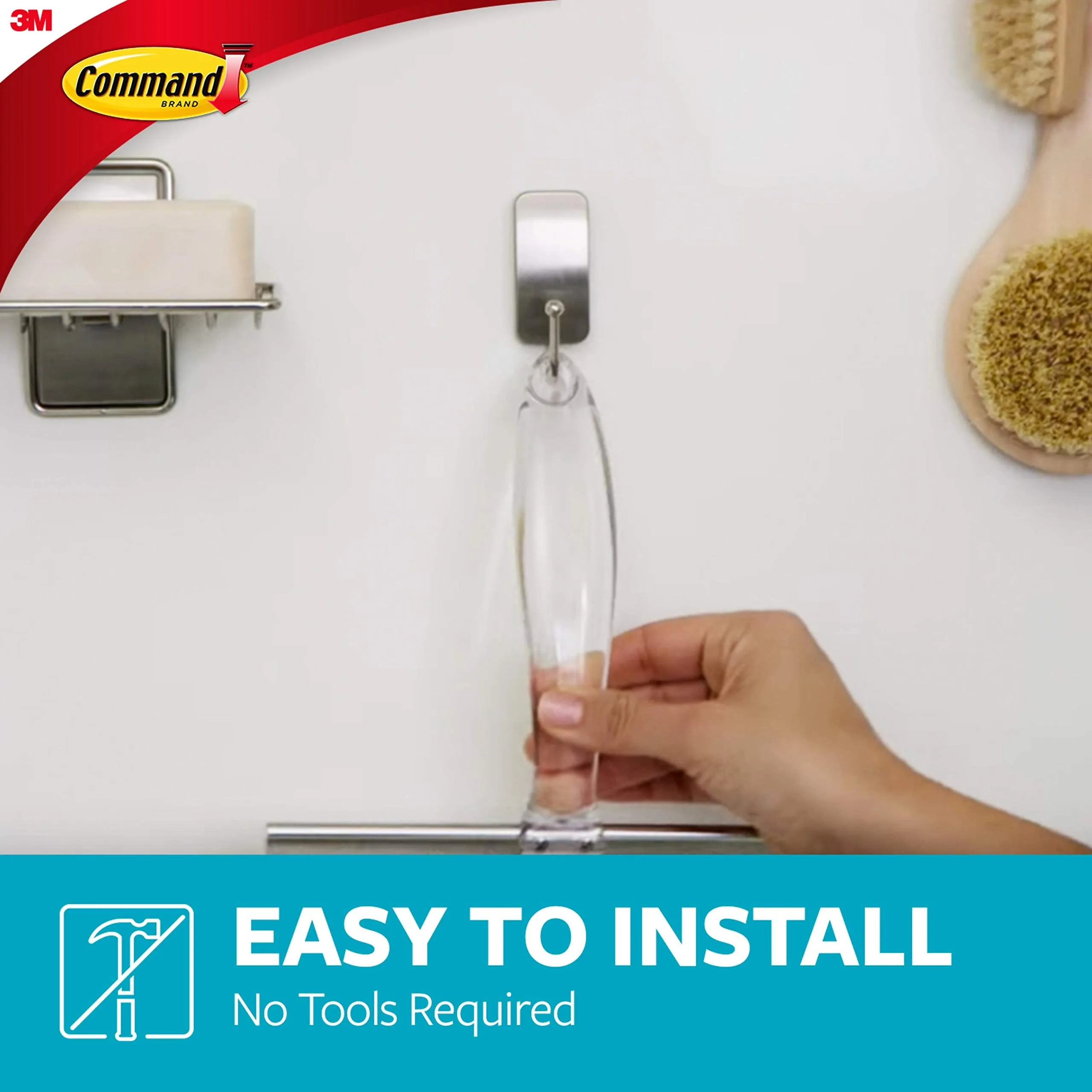 Command Bath Shower Small Water-Resistant Adhesive, Satin Nickel, 1 lb Capacity, 1 Squeegee, 1 Hook, 2 Strips, BATH32-SS-ES Caddy