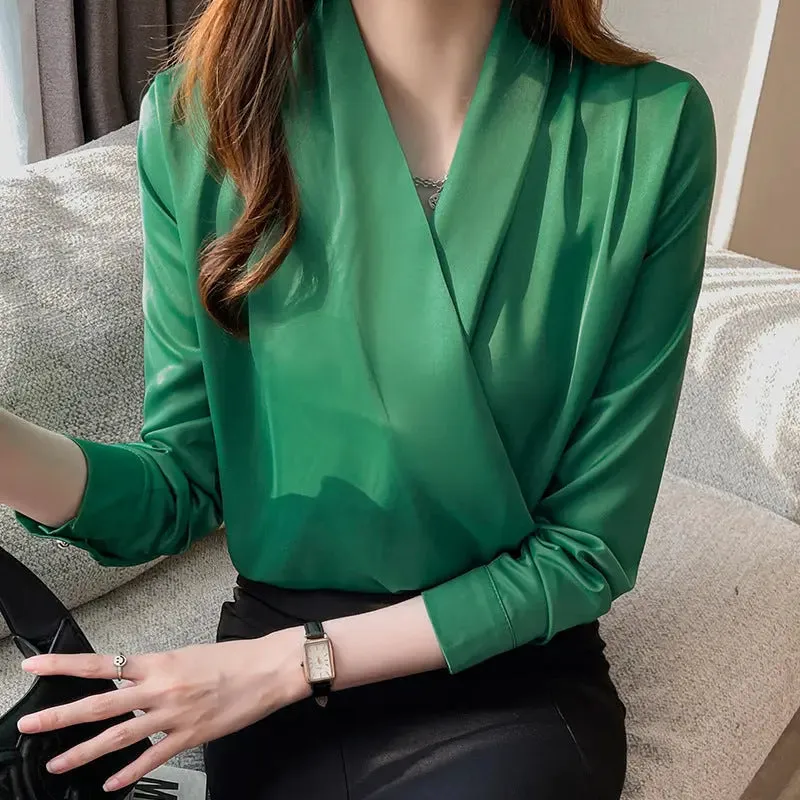 Elegant Business Satin V-Neck Long Sleeve Top - All-match Style