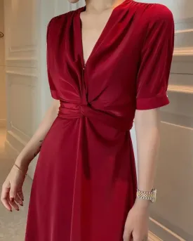 elveswallet Satin V-neck Short Sleeve Midi A-line Dress