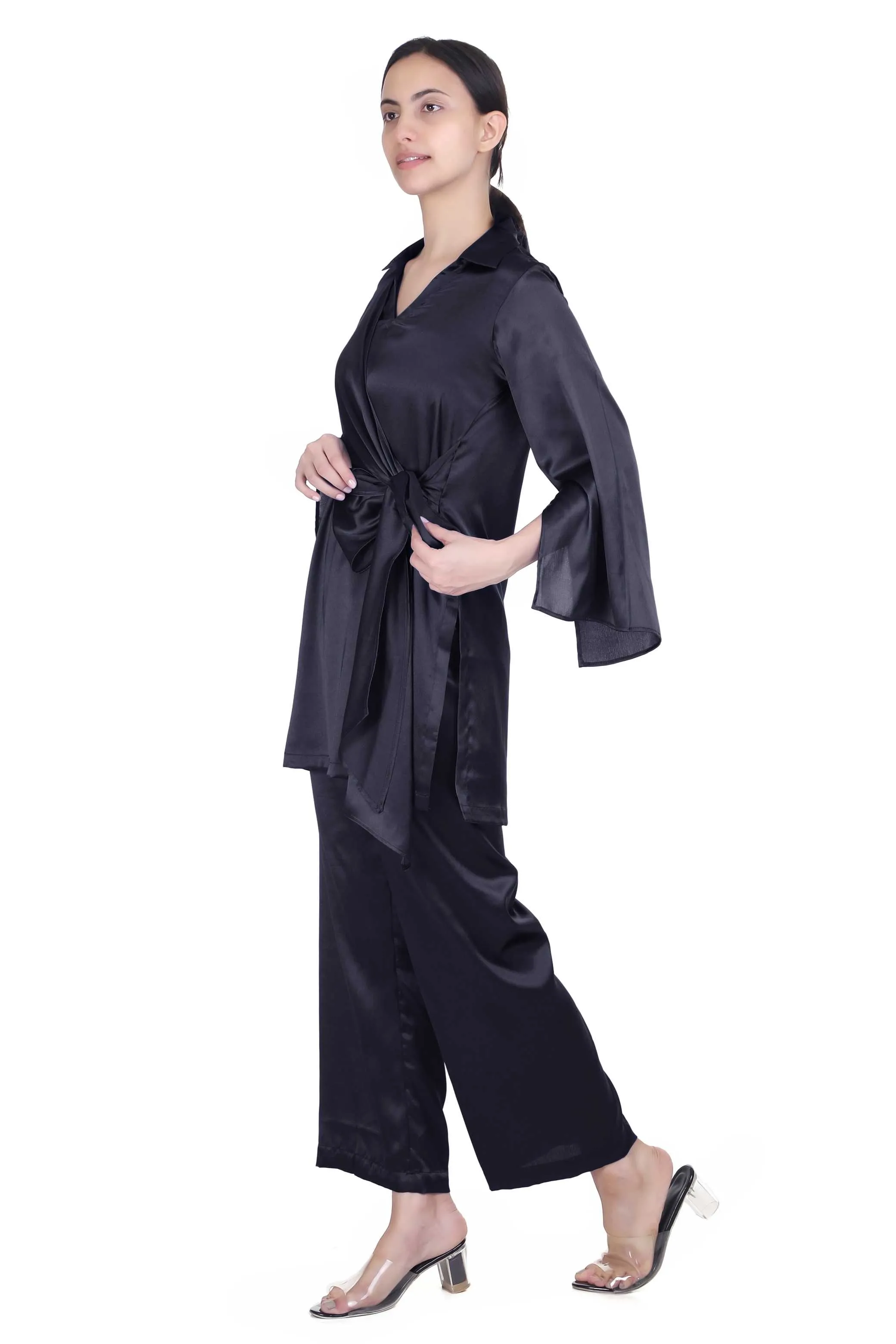 KERRIN BLACK SATIN COORD SET FOR WOMEN