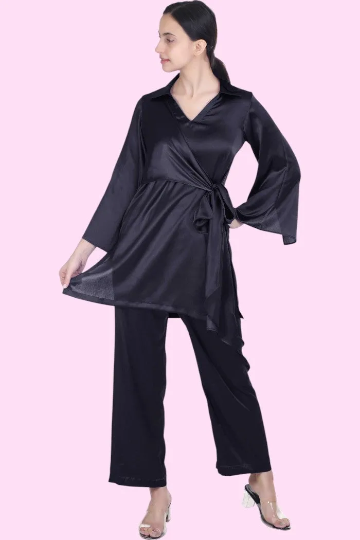 KERRIN BLACK SATIN COORD SET FOR WOMEN