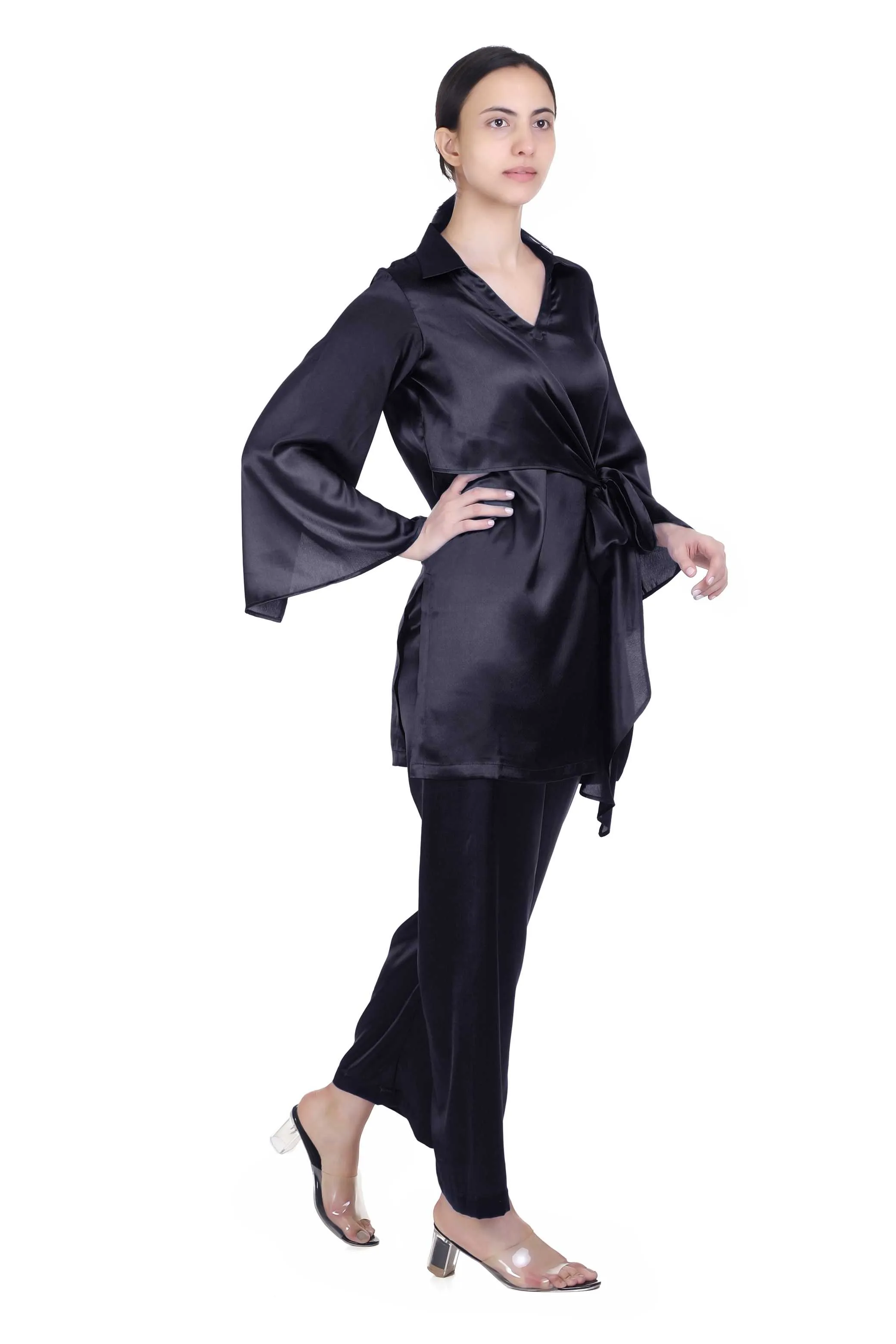 KERRIN BLACK SATIN COORD SET FOR WOMEN