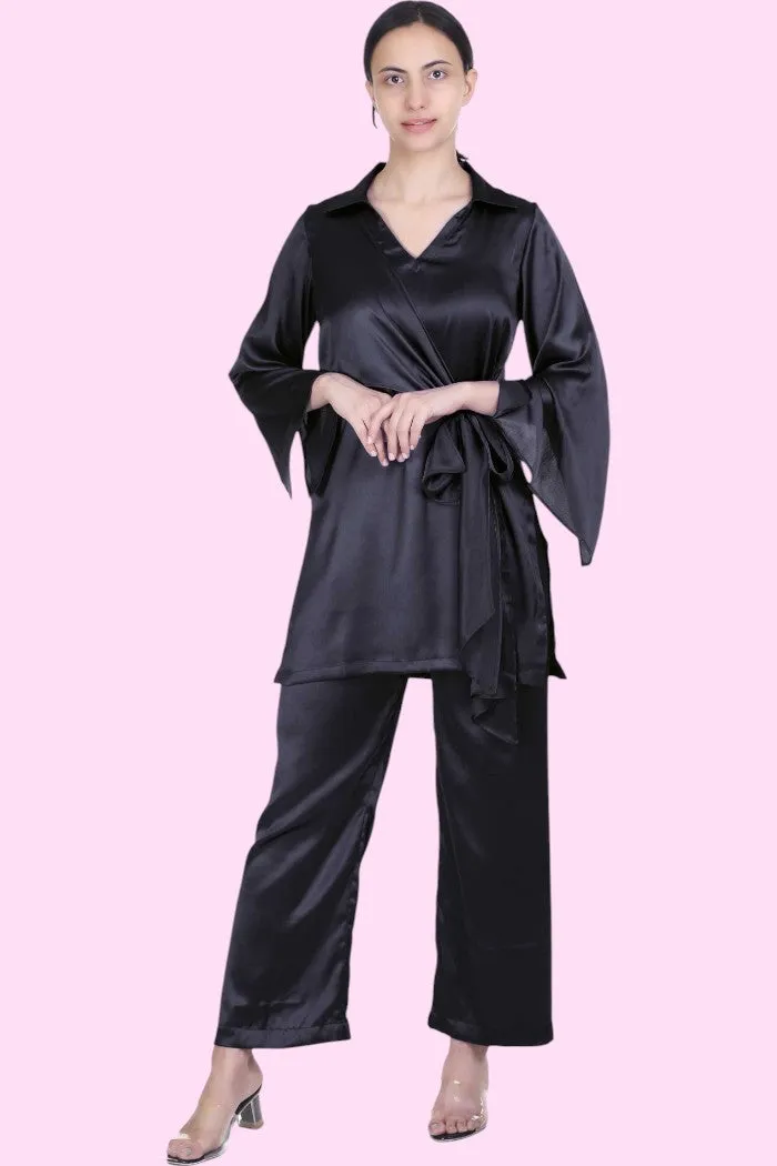 KERRIN BLACK SATIN COORD SET FOR WOMEN