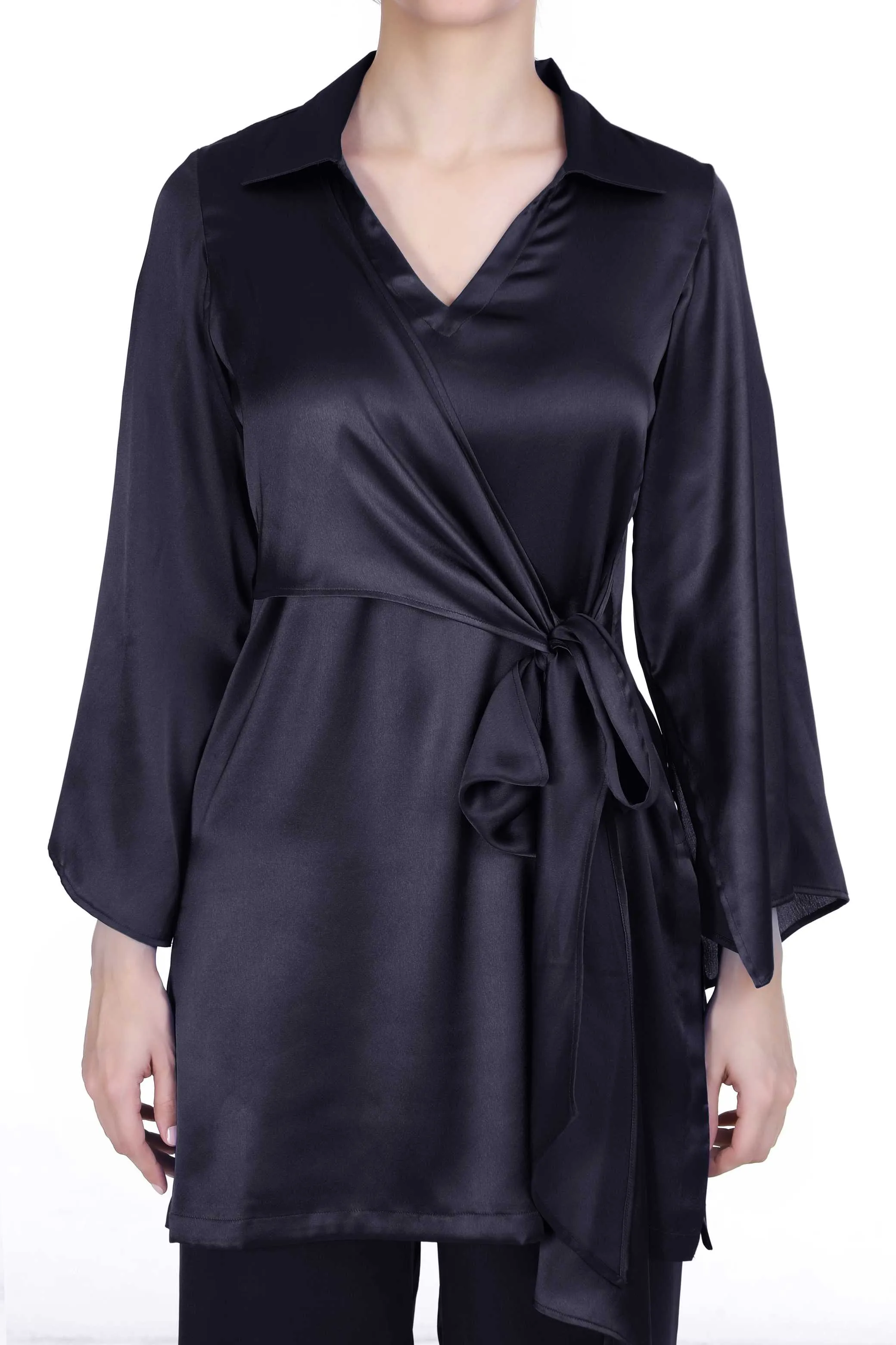 KERRIN BLACK SATIN COORD SET FOR WOMEN