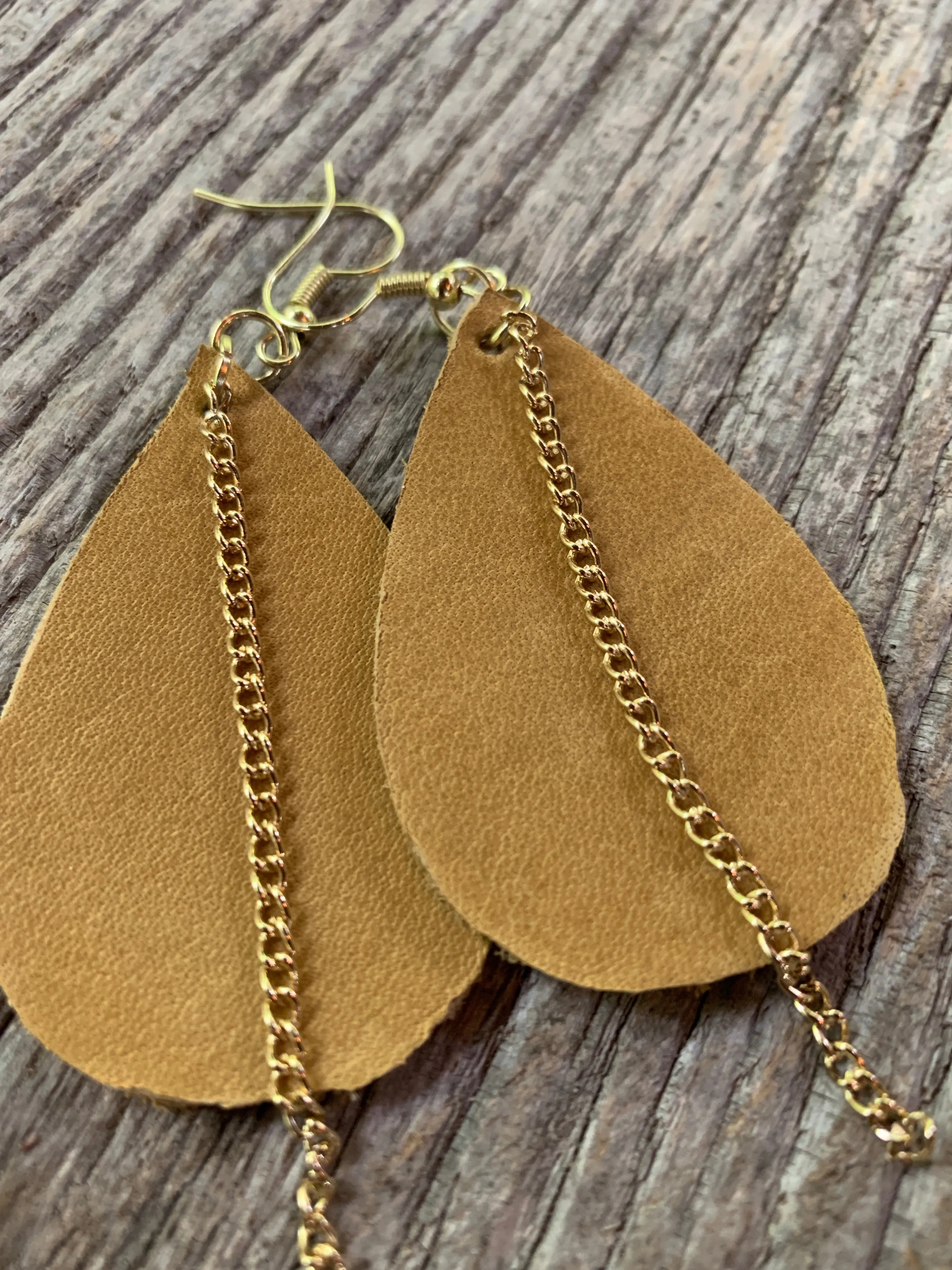 Leather Earrings with Gold Chain Accent