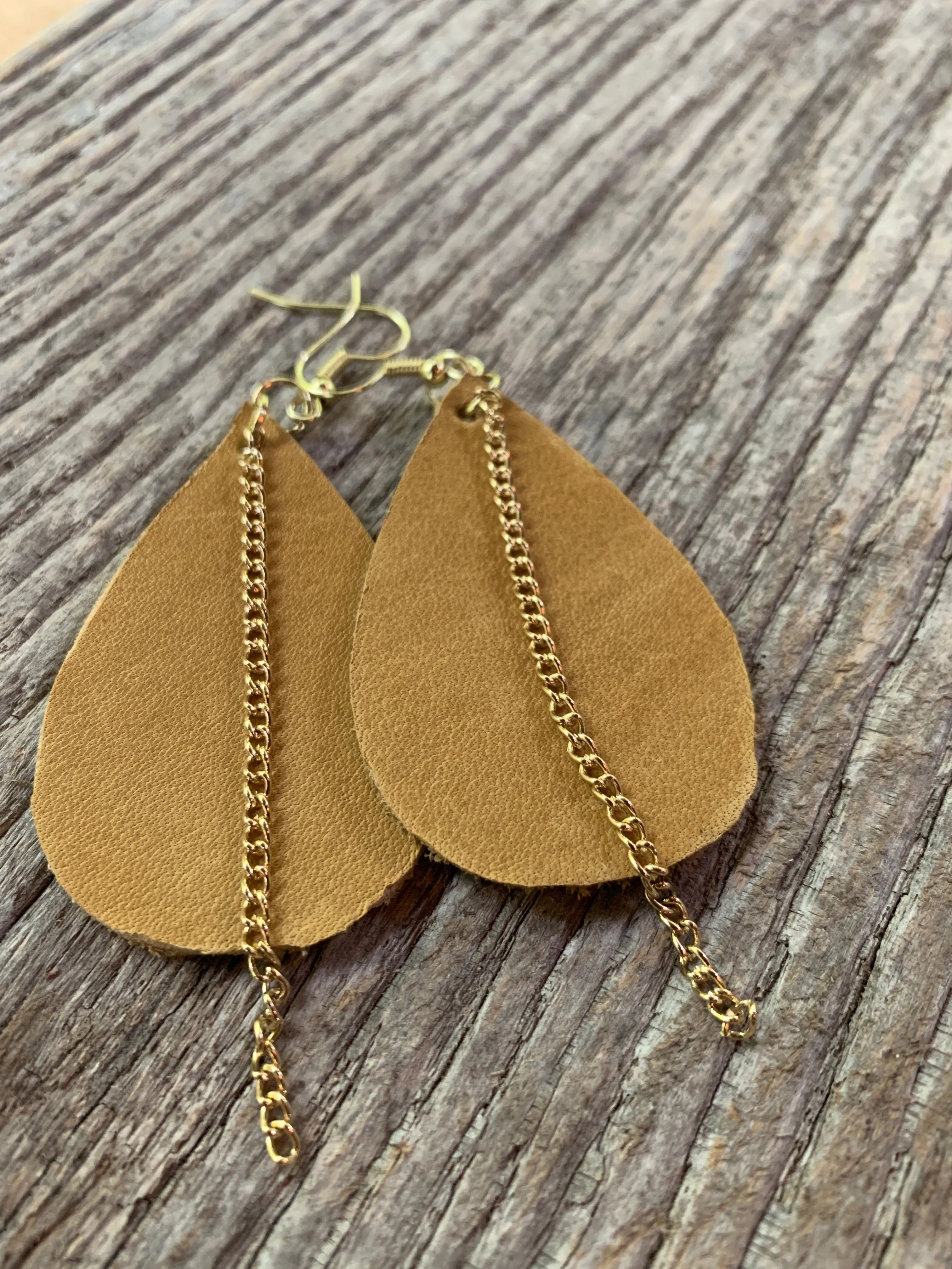 Leather Earrings with Gold Chain Accent