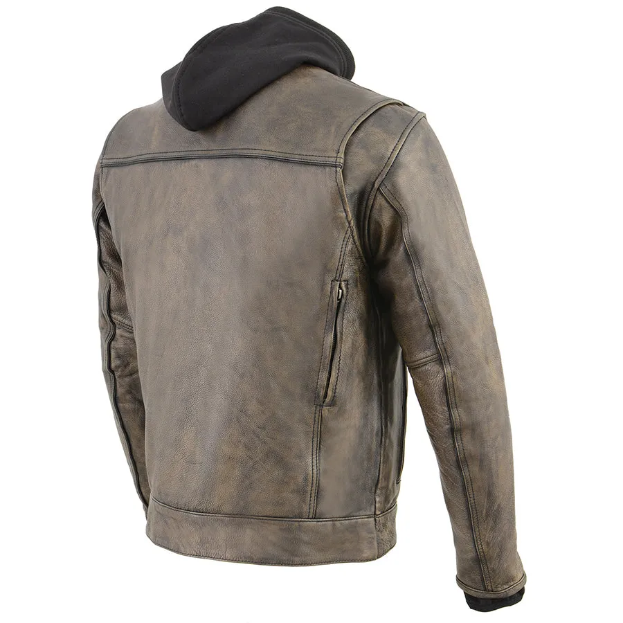 Men’s Distressed Brown Leather Utility Pocket Vented Jacket w/ Full Sleeve with Hoodie