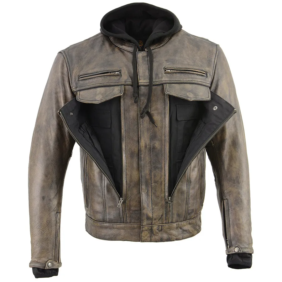 Men’s Distressed Brown Leather Utility Pocket Vented Jacket w/ Full Sleeve with Hoodie