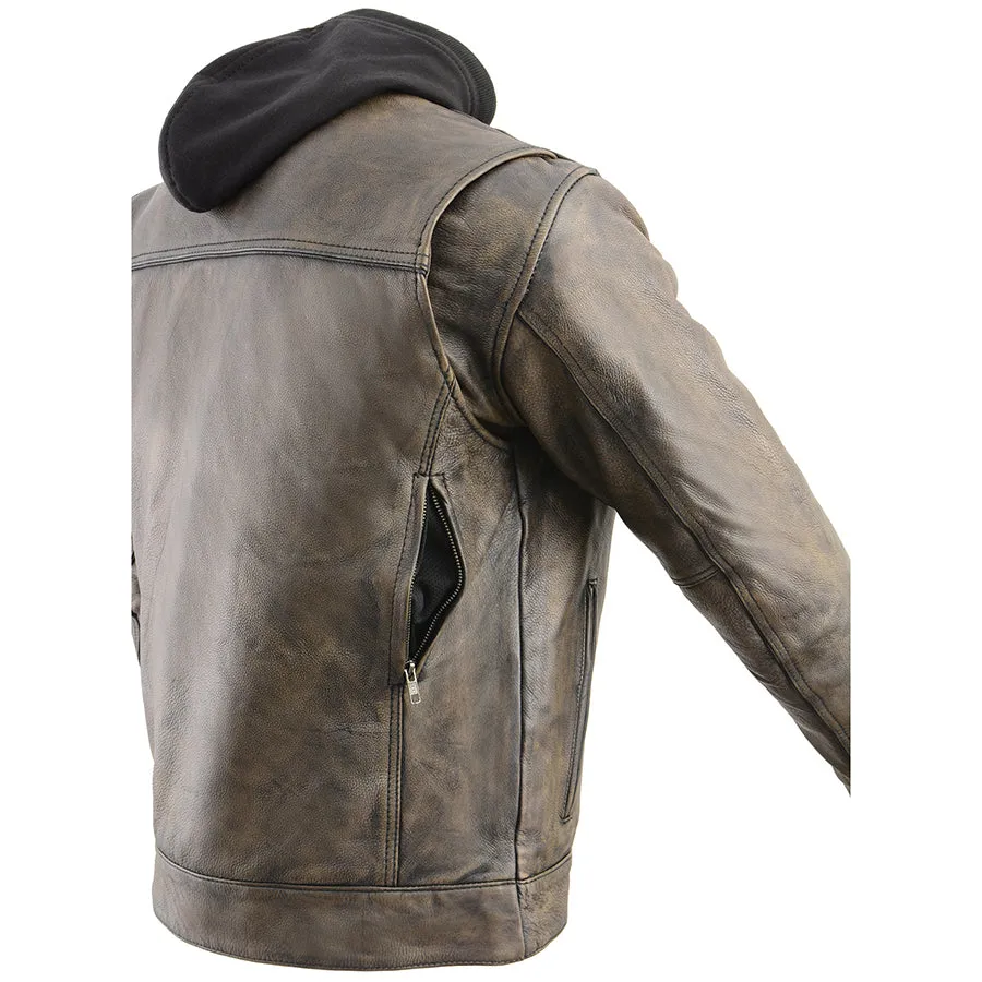 Men’s Distressed Brown Leather Utility Pocket Vented Jacket w/ Full Sleeve with Hoodie