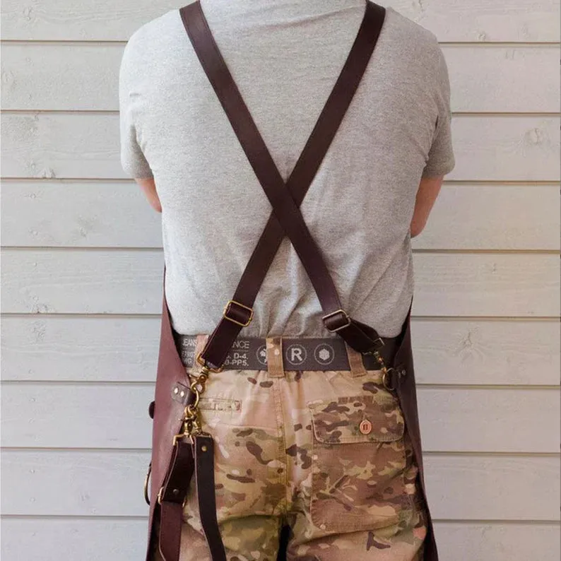 Men's Leather Woodworking Apron with Multiple Pockets