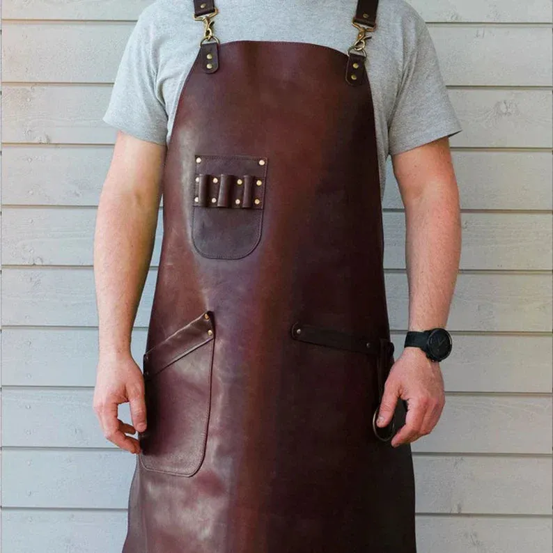Men's Leather Woodworking Apron with Multiple Pockets
