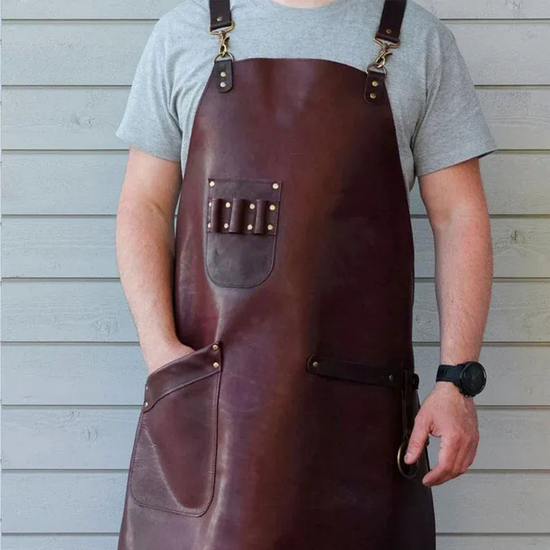 Men's Leather Woodworking Apron with Multiple Pockets