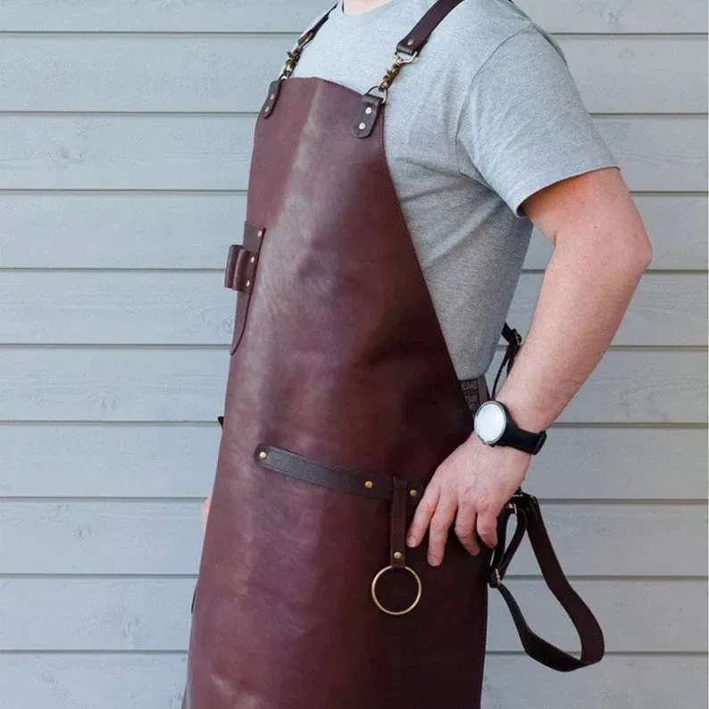 Men's Leather Woodworking Apron with Multiple Pockets
