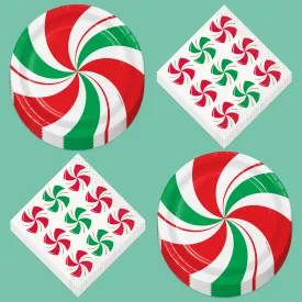 Peppermint Swirl Red & Green Christmas Holiday Paper Dessert Plates and Beverage Napkins (Serves 16)