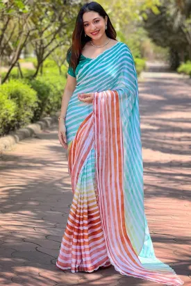 Ready To Wear Multicolored Satin Georgette Leheriya Saree