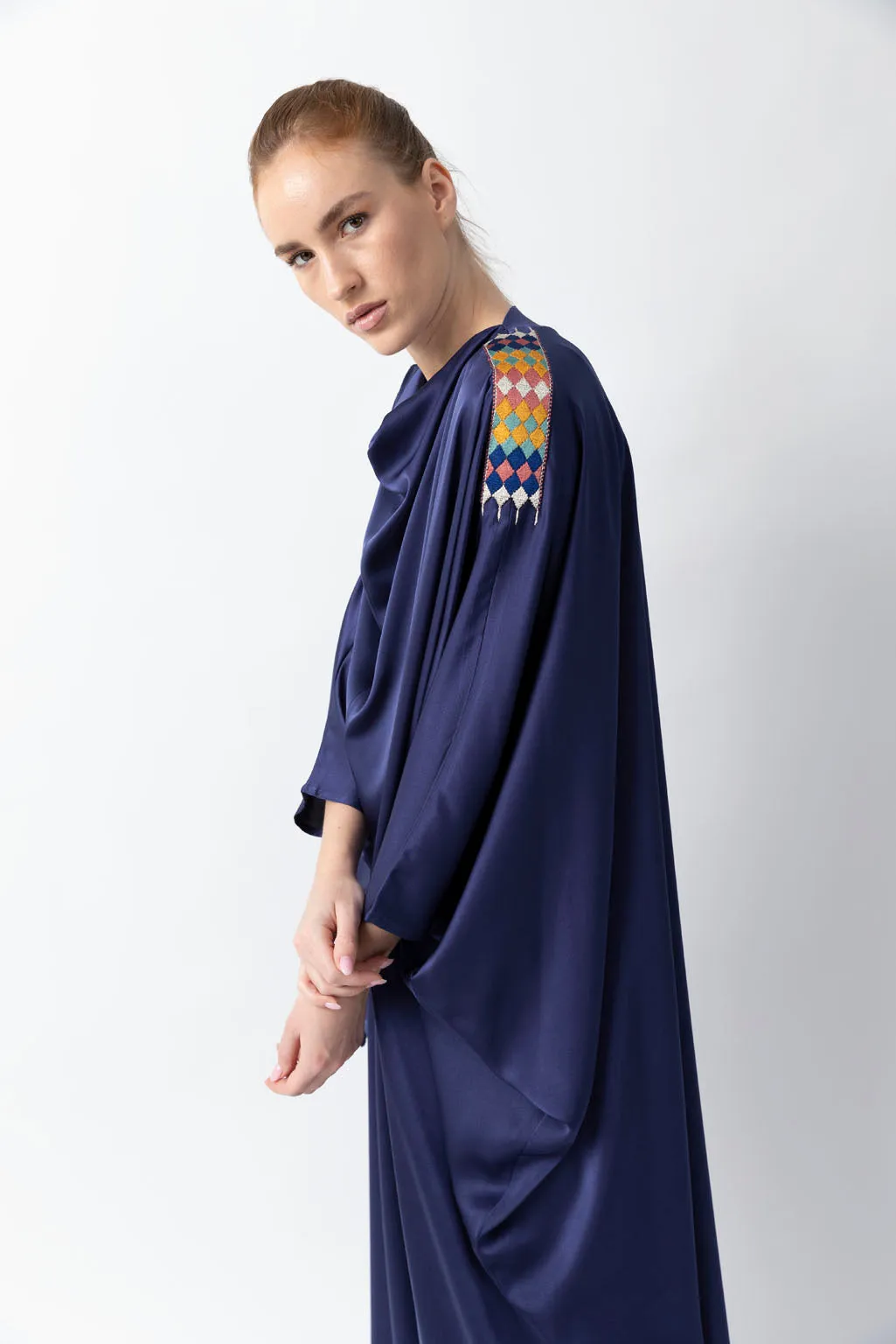 Sadu Art Inspired Embroidery Blue Pure Silk Abaya WV2221