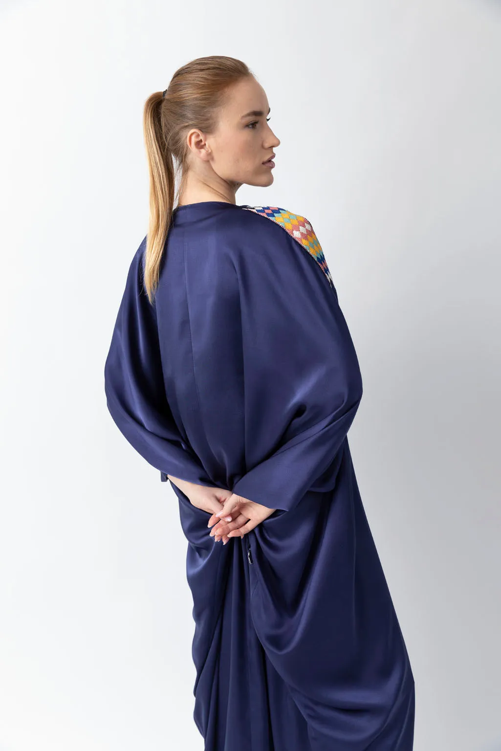 Sadu Art Inspired Embroidery Blue Pure Silk Abaya WV2221