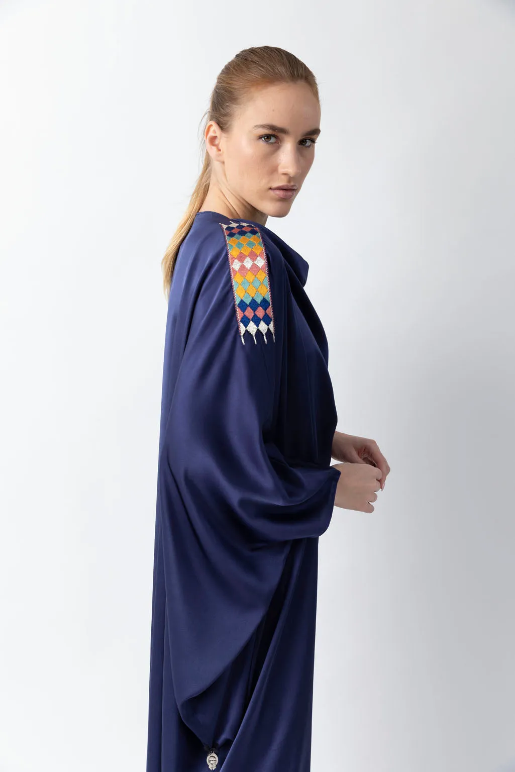 Sadu Art Inspired Embroidery Blue Pure Silk Abaya WV2221