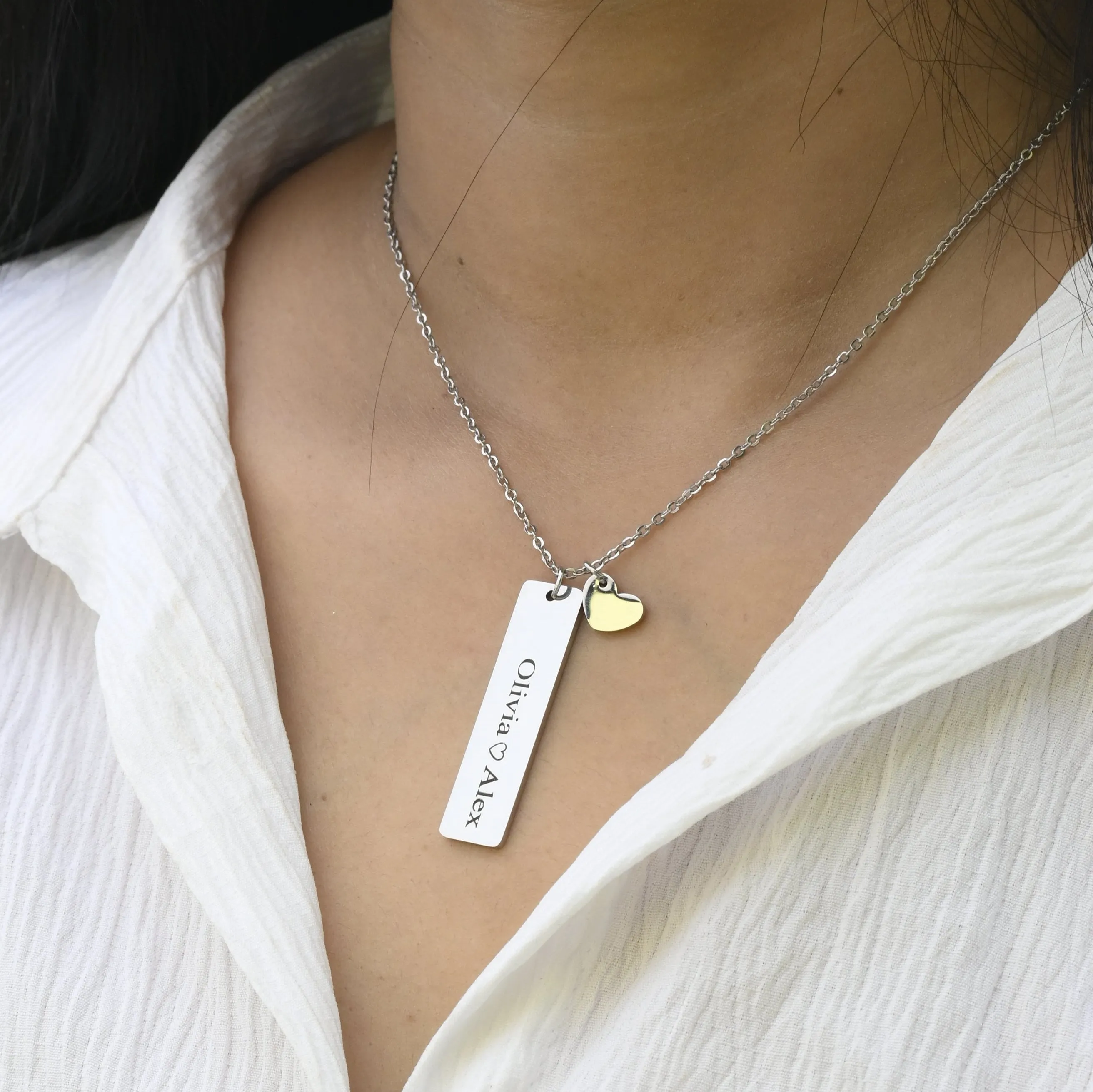 Silver Custom Bar Necklace • Engraved Silver Name Necklace • Personalized Necklace • Bar Pendant Necklace • Heart Pendant Necklace
