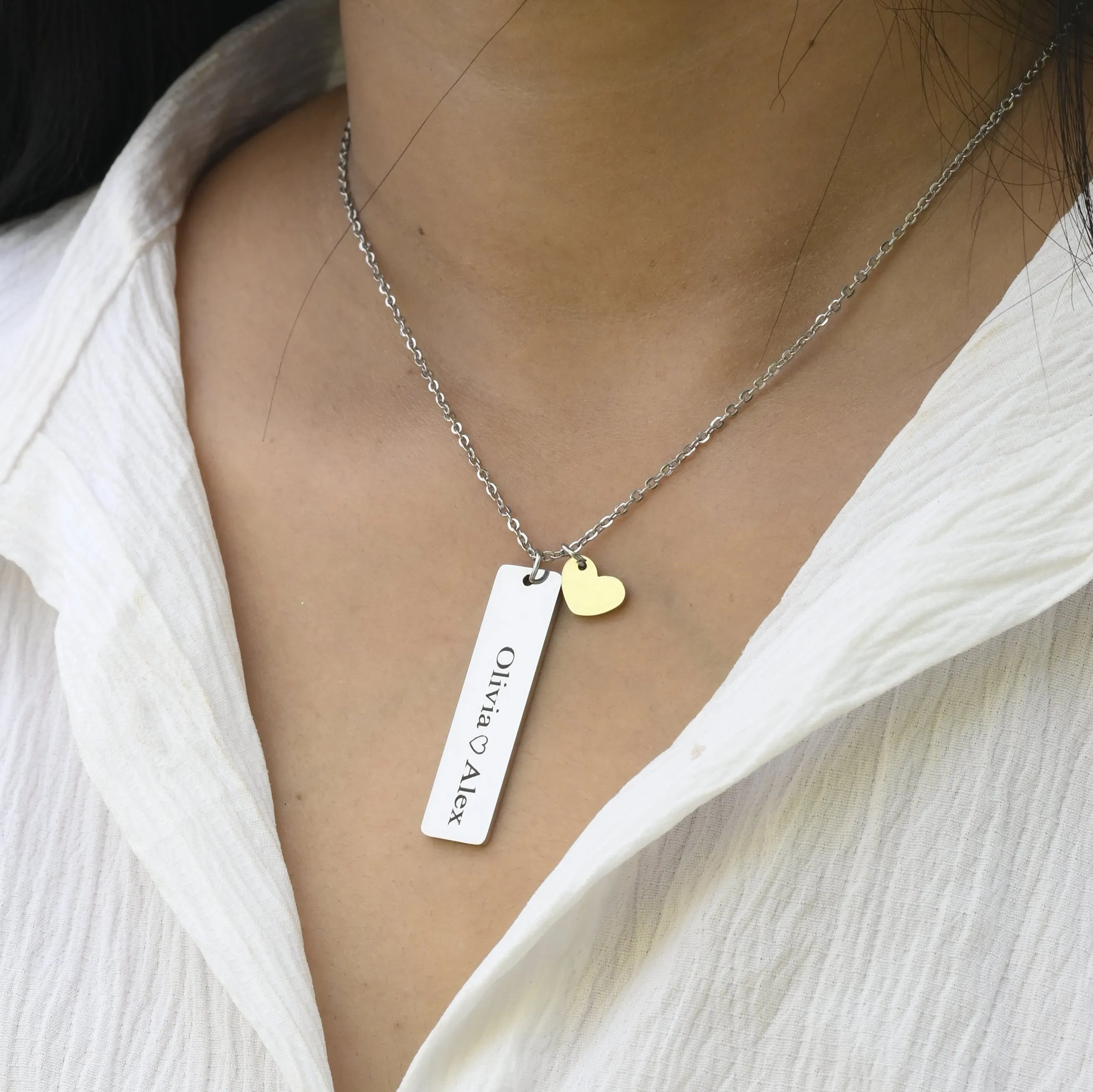 Silver Custom Bar Necklace • Engraved Silver Name Necklace • Personalized Necklace • Bar Pendant Necklace • Heart Pendant Necklace