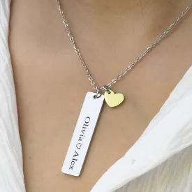 Silver Custom Bar Necklace • Engraved Silver Name Necklace • Personalized Necklace • Bar Pendant Necklace • Heart Pendant Necklace