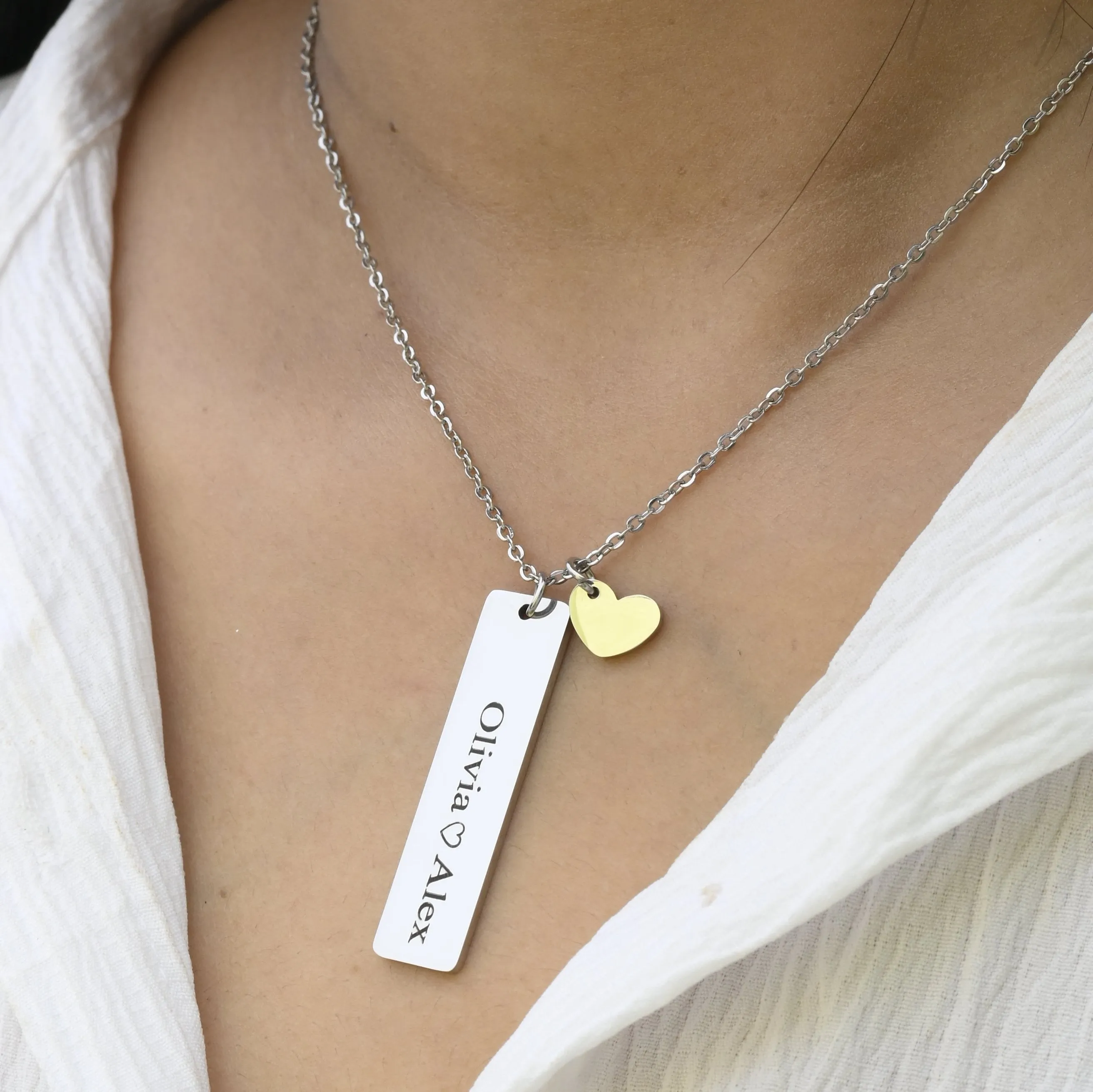 Silver Custom Bar Necklace • Engraved Silver Name Necklace • Personalized Necklace • Bar Pendant Necklace • Heart Pendant Necklace