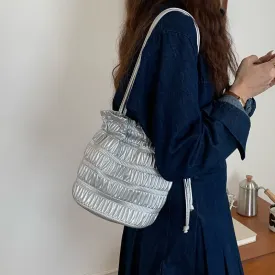 Soft Silver Pleated Drawstring Bucket Bag