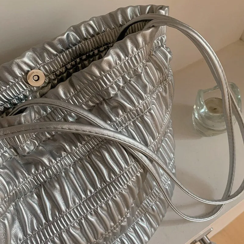 Soft Silver Pleated Drawstring Bucket Bag
