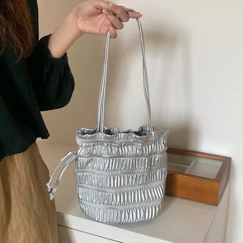 Soft Silver Pleated Drawstring Bucket Bag