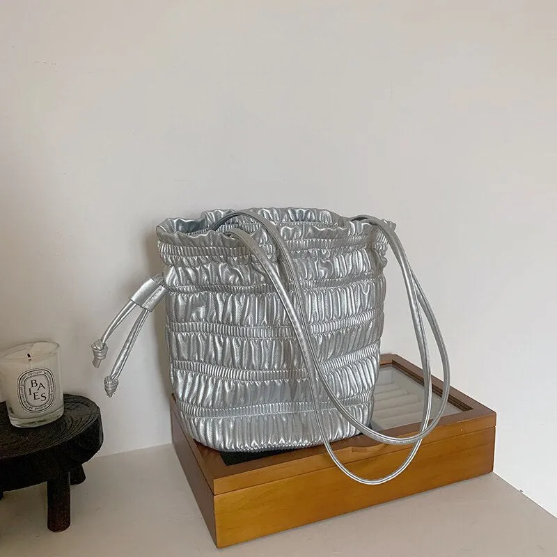 Soft Silver Pleated Drawstring Bucket Bag