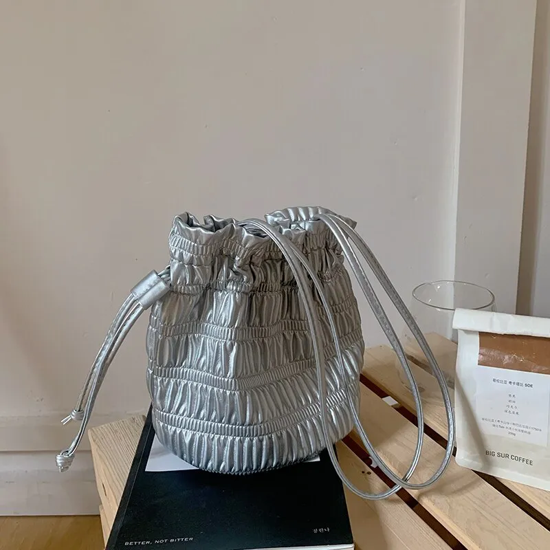 Soft Silver Pleated Drawstring Bucket Bag