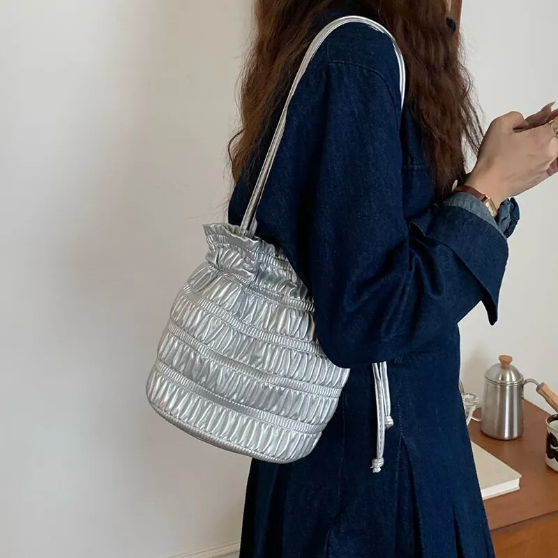 Soft Silver Pleated Drawstring Bucket Bag