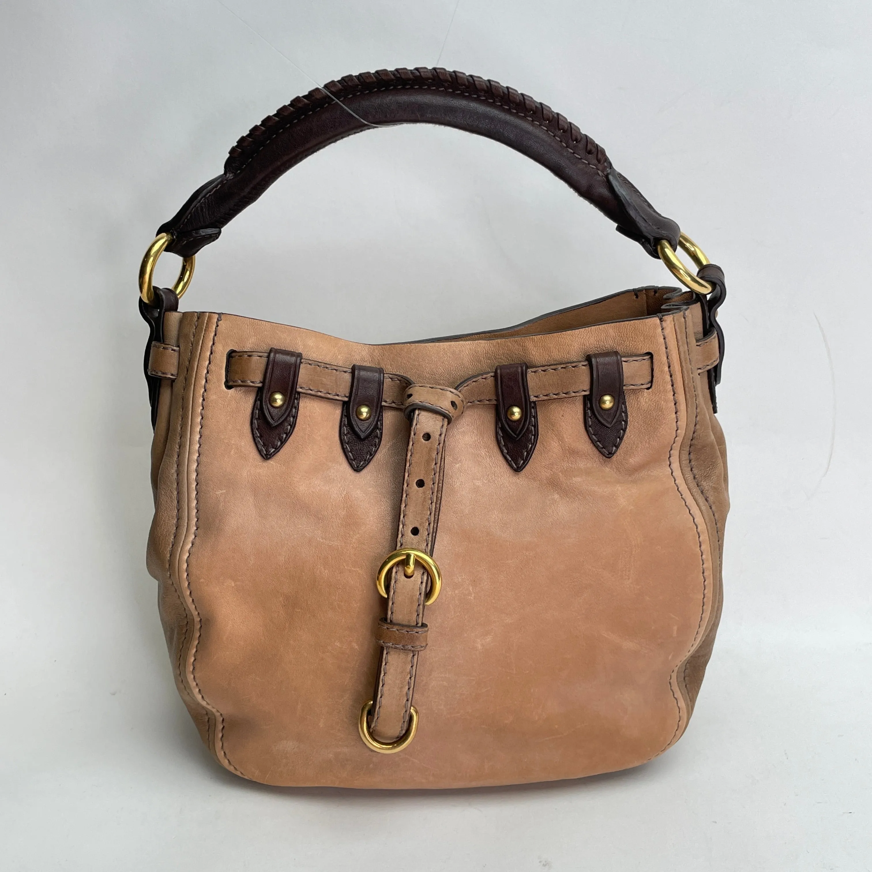 Two Way Bucket Brown Crossbody Bag in Calfskin, Gold hardware
