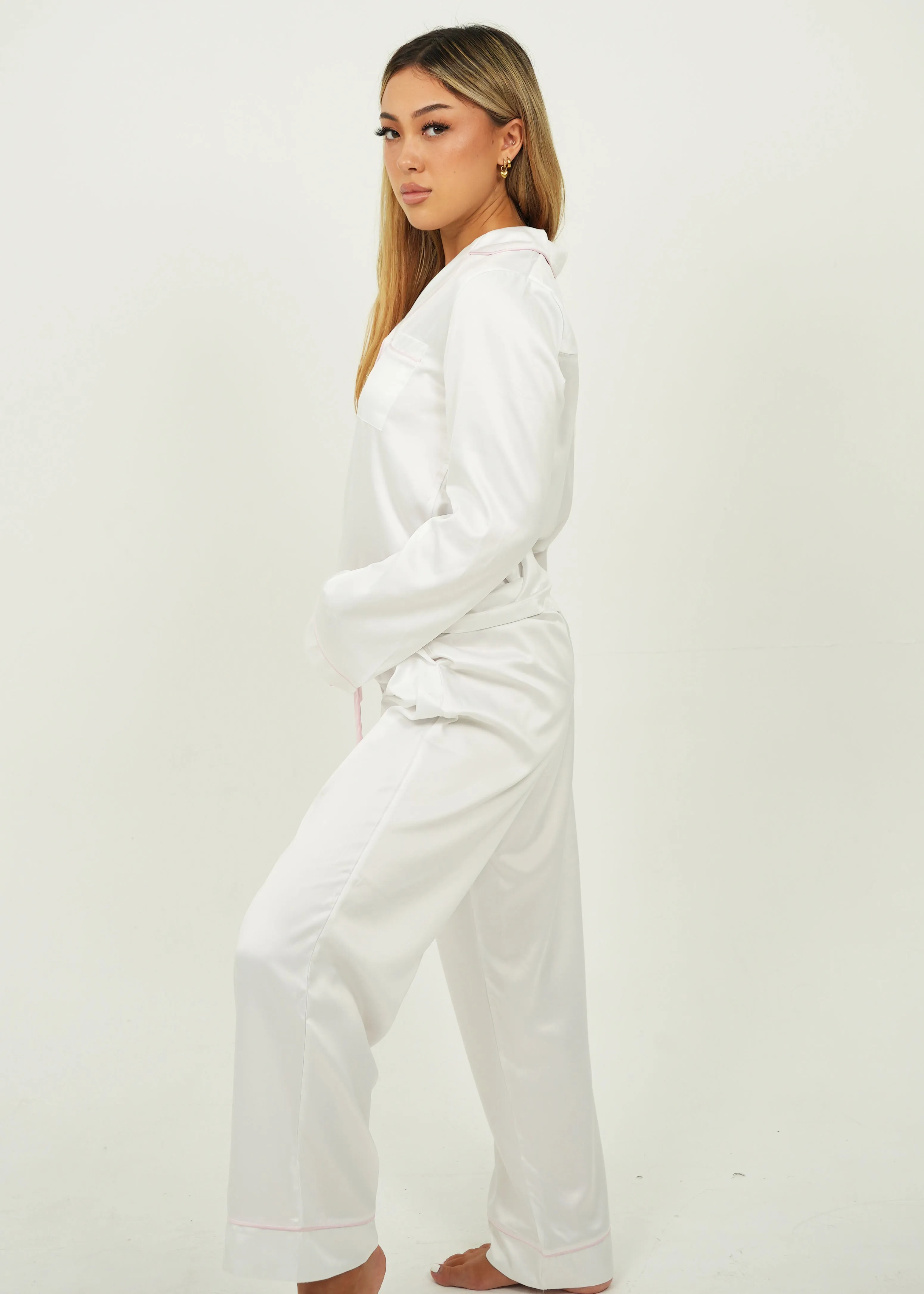 Womens White Matte Satin Long Pyjama Set