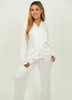 Womens White Matte Satin Long Pyjama Set