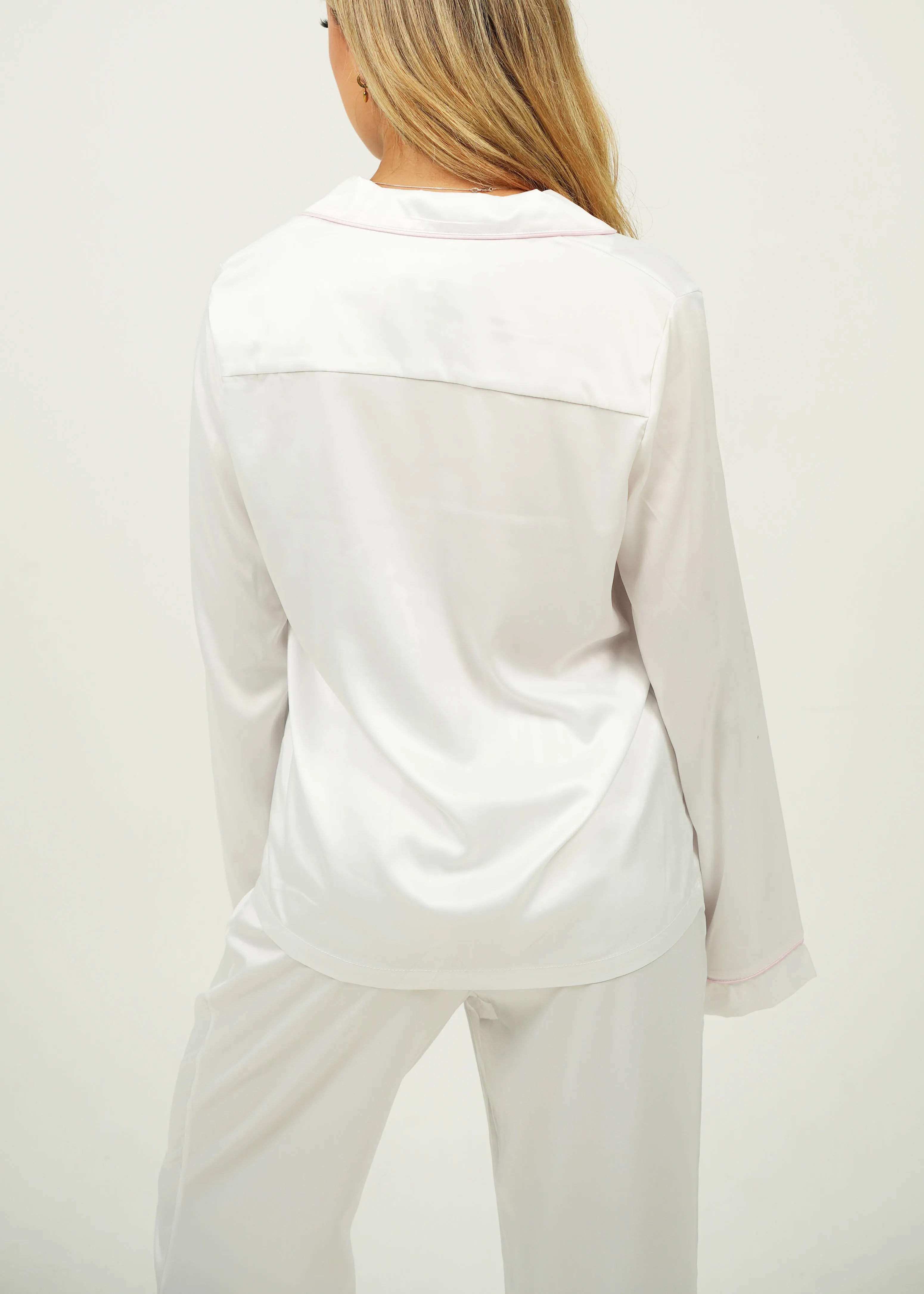 Womens White Matte Satin Long Pyjama Set